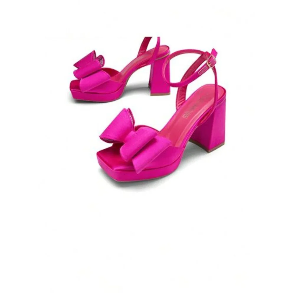 NEW - Elegant Pink Chunky Platform Heeled Fashion‎ Bow Knot Ankle Strap Sandals